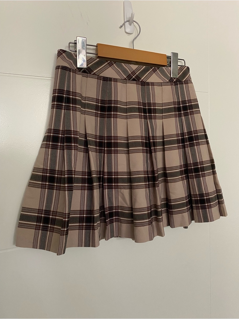 Sunday Best Plaid Pleated Mini Skirt from Aritzia - Beige and Burgundy